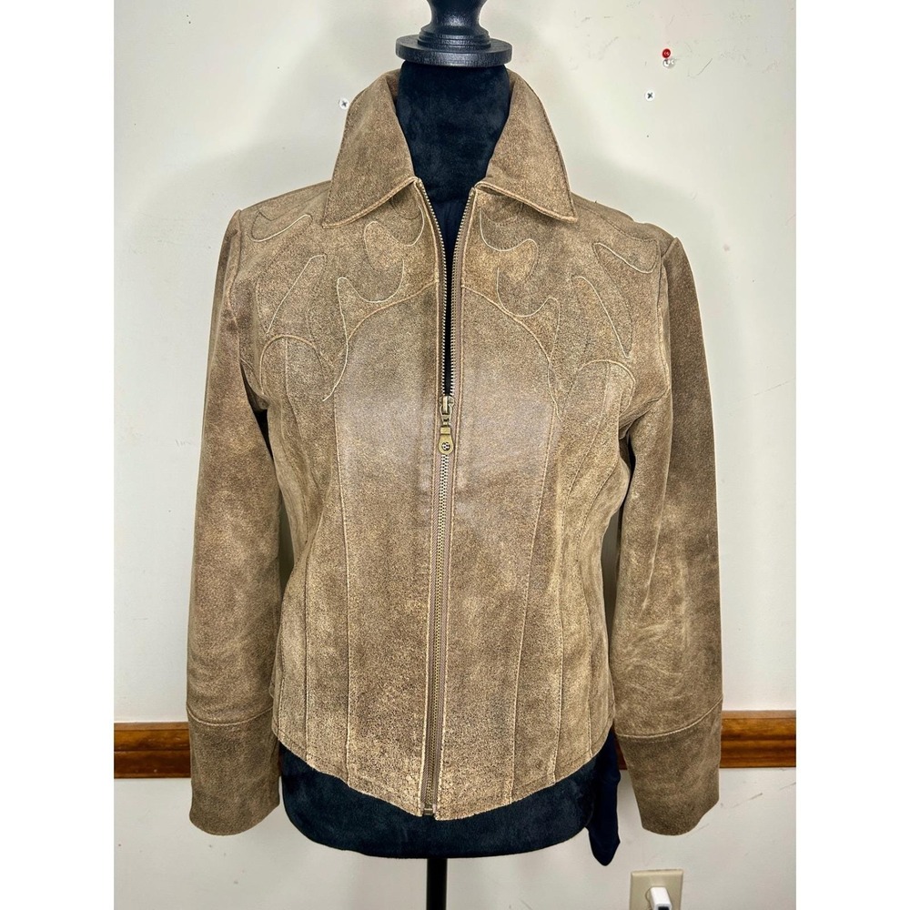 Vintage Leather Jacket Womens M Brown Distressed Flame Embroidery Western Good
